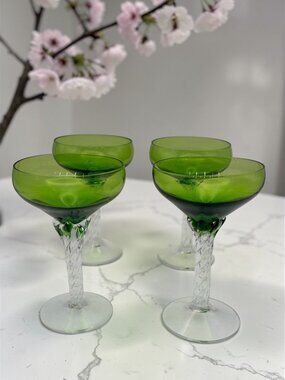 Epoli Italian Green Coupe Glasses Set of 4 Twisted Stem Vintage Cocktail Glass